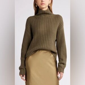 OPEN EDIT Cotton Blend‎ Rib Funnel Neck Sweater In Olive Ivy large
